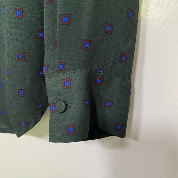 Ann Taylor Green w/red-blue details, Button Ruffle Shirt Top Long Sleeve, Sz S - Picture 4 of 6